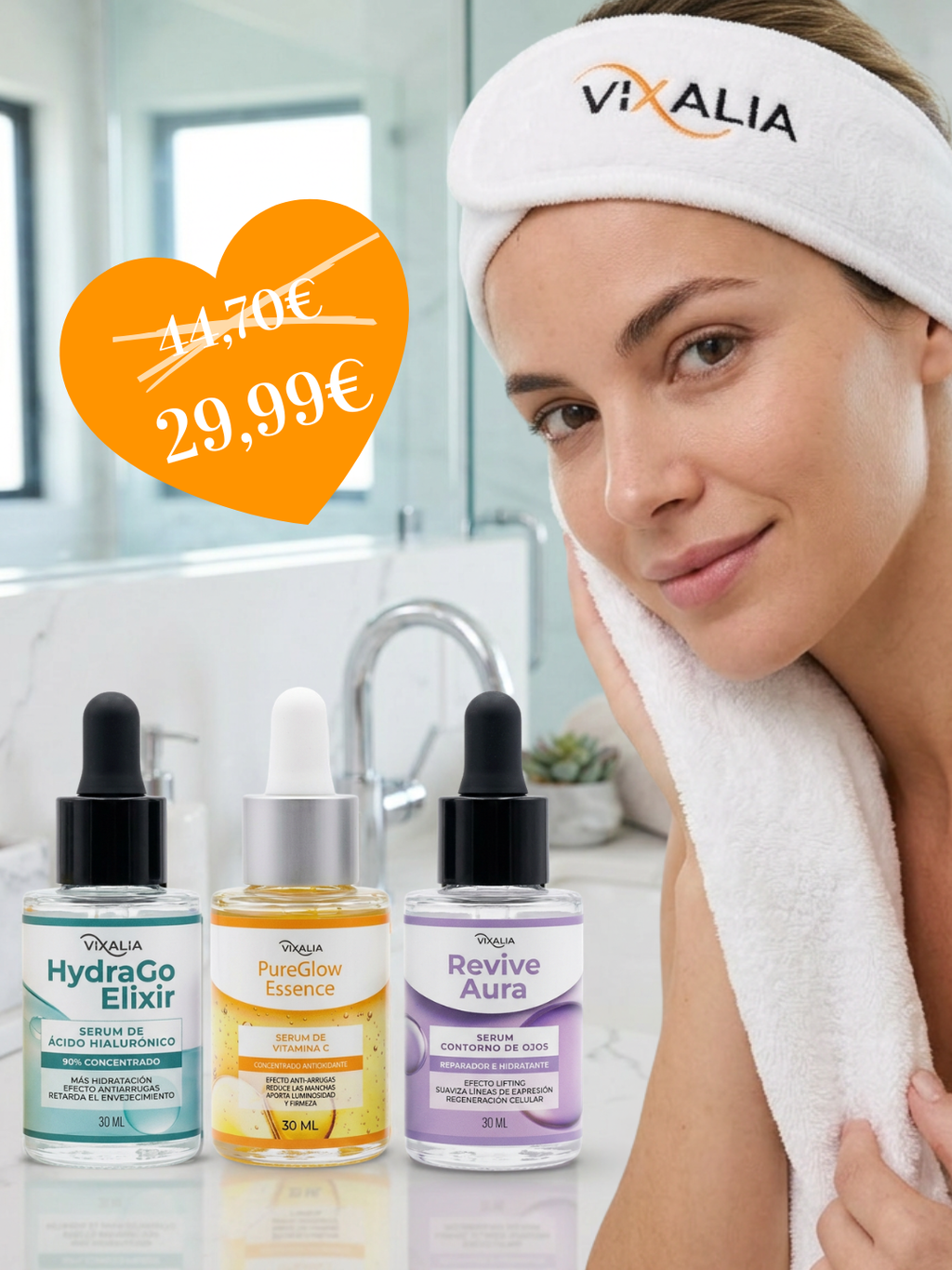 Pack Descubrimiento – Set Facial con Vitamina C, Ácido Hialurónico y Contorno de Ojos + Banda para el cabello