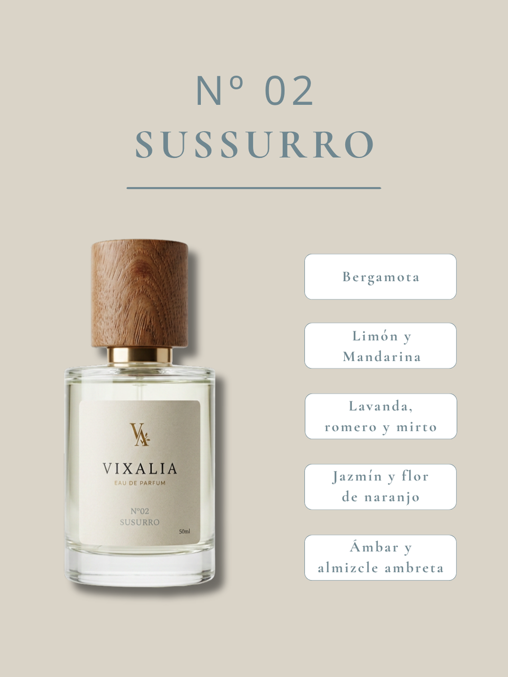 Nº02 · SUSSURRO: perfume unisex fresco y luminoso. Cítricos, flor de azahar y almizcle limpio. Frescura elegante que se insinúa, no se impone.